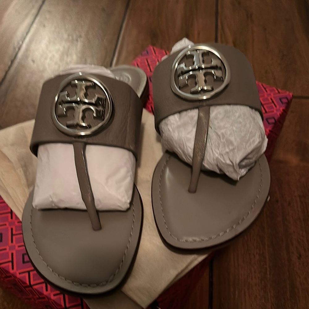 Tory Burch Taupe Sandals with Silver Logo